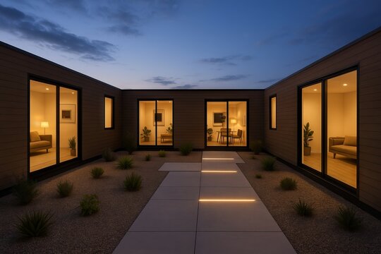 led lit Modular house at night with warm light inside and illuminated path in desert courtyard. Concept of modern design, sustainable architecture, minimalist living, contemporary home