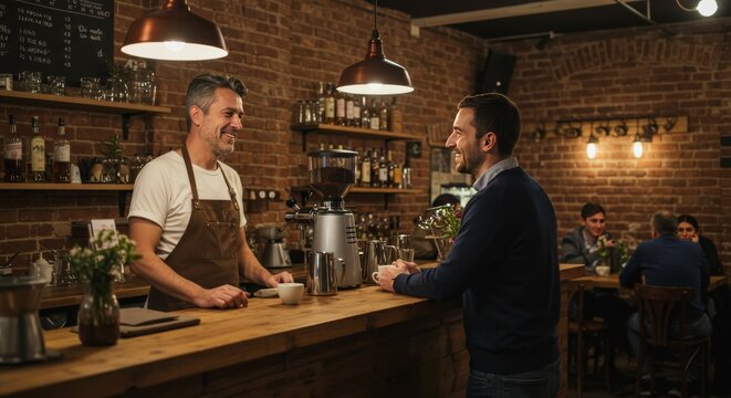 Friendly barista behind coffee bar counter speaking to customer in a rustic cafe, exposed brick wall, warm lighting, cozy coffee shop atmosphere