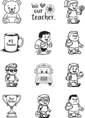 We love our teacher: A heartwarming composition of school-themed illustrations that represent teachers and students alike.
