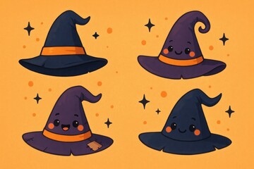 Cute witch hats with smiling faces.