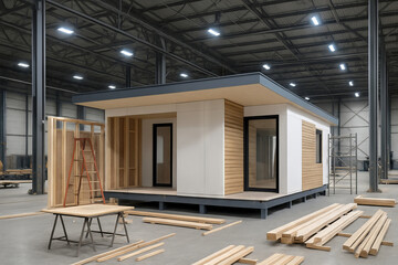 Modern prefab modular house construction inside warehouse with wood materials and tools. concept of contemporary architecture, prefabricated home design, efficient building process.