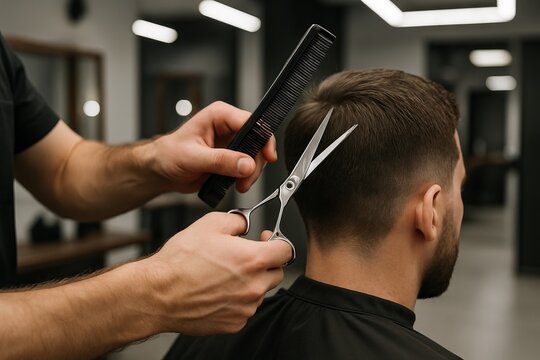 Close-up of male hands styling hair with scissors and comb in barbershop. concept of men grooming, haircut, barber tools, professional hair care.