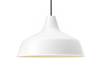 Modern white pendant lamp hanging from a sleek black wire, casting a warm glow against a clean white background, enhancing interior elegance