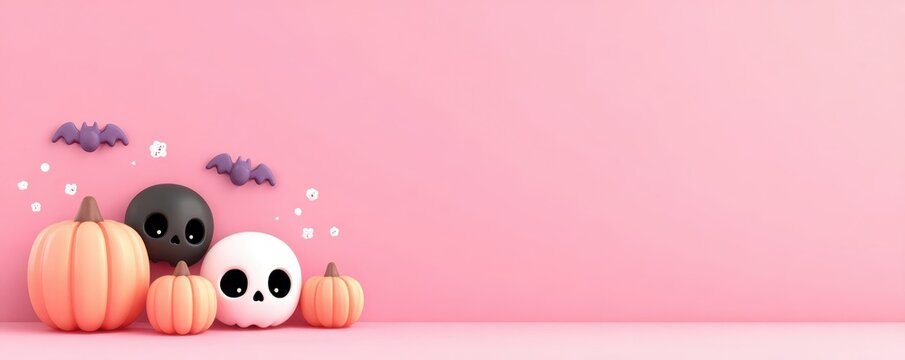 Cute Halloween pumpkins and skulls with bats on pink background
