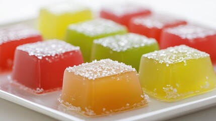 Colorful assorted jelly cubes with sugar crystals on white plate