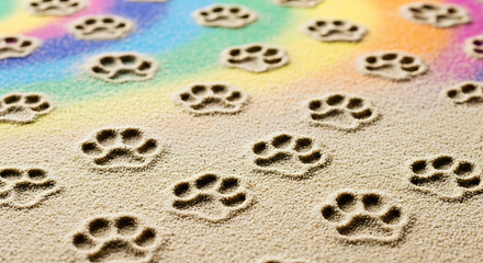 Overhead shot of animal paw prints in sand with rainbow colors in the background creating a pattern ai generated