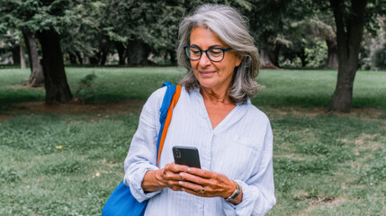 Modern grandmother using smartphone while enjoying a day at the park