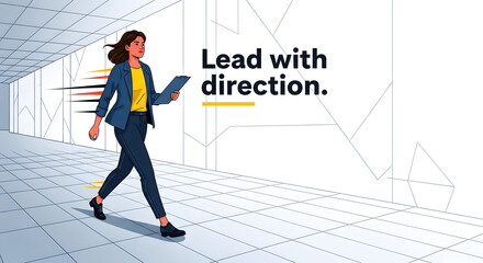 Confident businesswoman walking, holding clipboard, leadership and direction