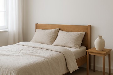 Bright cozy bedroom with minimalist decor featuring wooden bed and simple nightstand with ceramic vase