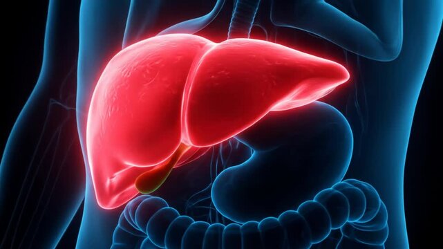 Illustration showing the human liver and digestive system in a blue body outline