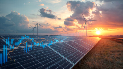 Increase in electricity prices on the world market. Green energy in full development.Investment finance chart,stock market business. renewable energy. The foreground shows a field of solar panels