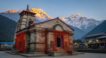 Ancient Hindu temple in Himalayan mountains, stone religious architecture at sunrise, sacred pilgrimage site with snow-capped peaks and golden morning light © Kasun