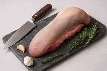 Raw beef tongue and knife on cutting board with fresh herbs garlic in simple food preparation scene concept of culinary cooking rustic ingredients kitchen