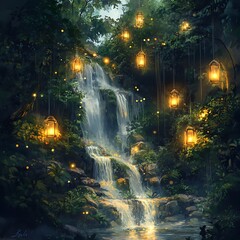 Naklejka premium Enchanted Forest Waterfall Lanterns Scene
