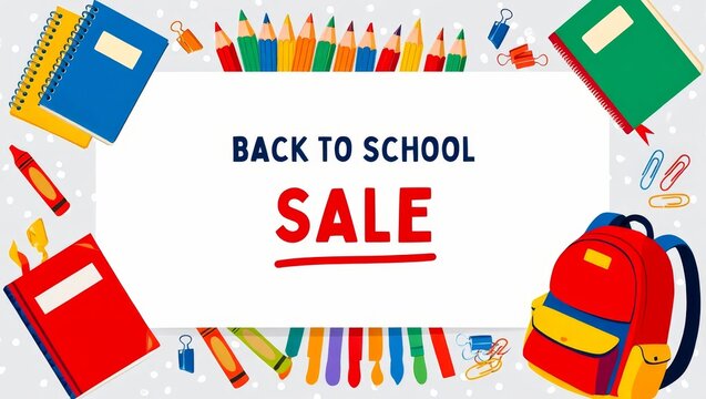 Back to school sale banner with notebooks pencils crayons and backpack on a white background design.