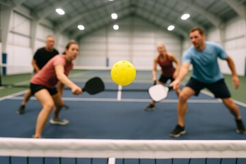 Group of adults playing pickleball on indoor court with focus on yellow ball. concept of active lifestyle, team sport, recreational activity