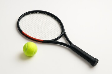Tennis racket and ball on white background highlighting simplicity. concept of sports equipment, tennis, minimalist design