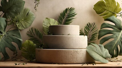 Realistic 3D product display podium with soft matte texture, surrounded by tropical green leaves aesthetically arranged, placed on neutral beige background, minimalistic color tone