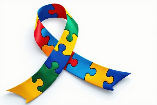 Colorful autism awareness ribbon made of puzzle pieces on a white background