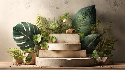 Realistic 3D product display podium with soft matte texture, surrounded by tropical green leaves aesthetically arranged, placed on neutral beige background, minimalistic color tone,