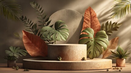 3D podium for cosmetic product display, circular platform with elegant curved edges, decorated with Monstera and fern leaves, soft shadows, simple warm tone background, hyper-realistic,