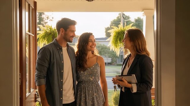 Smiling couple nodding in agreement as professional realtor hands over new house keys during successful property closing ceremony