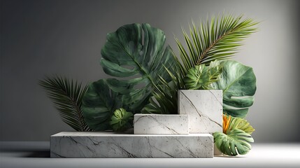 Elegant 3D display podium with smooth ceramic surface, accentuated by fresh tropical leaves, placed on off-white background, modern and minimal composition, high-resolution, cinematic lighting