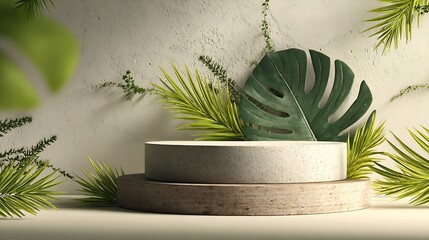 Elegant 3D display podium with smooth ceramic surface, accentuated by fresh tropical leaves, placed on off-white background, modern and minimal composition, high-resolution, cinematic lighting