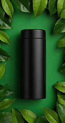 Black canister surrounded by vibrant green leaves