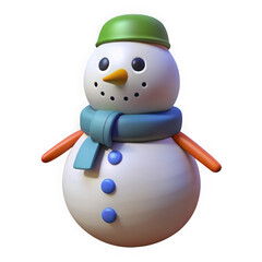 Cute cartoon snowman with blue scarf and green hat isolated on transparent background