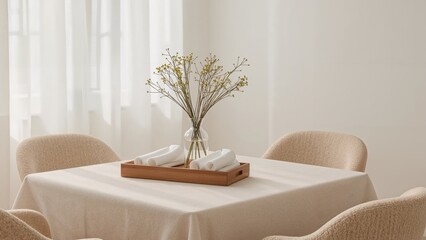 Elegant dining table setting with floral arrangement and cozy chairs in a bright scandinavian interior design