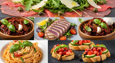 Italian Inspiration: Gourmet Ingredients Separated by Style for food magazine spreads, cooking class advertisements, high-end grocery branding highlighing authentic Italian ingredients, infographics