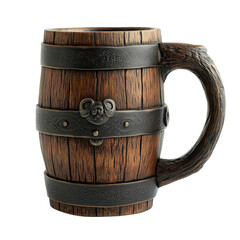 Rustic medieval wooden beer mug with metal bands, isolated on transparent background