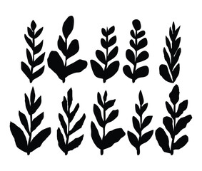  Minimalist black silhouette botanical leaves collection, perfect for nature-inspired designs, patterns, stationery, wall art, and decorative graphic elements in modern creative projects.