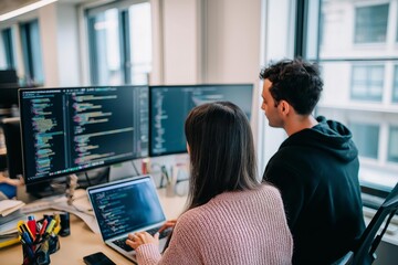 Two friends are working together on coding projects surrounded by computers and bright office spaces