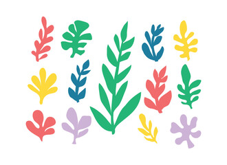  Vibrant flat style abstract leaf illustrations in multiple colors, perfect for creative design projects, nature-themed artworks, patterns, stationery, and decorative graphic compositions.