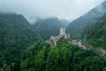 Historical Zilkale (Zil Kale) Castle located in Camlıhemsin, Rize and Kackar Mountains in the background