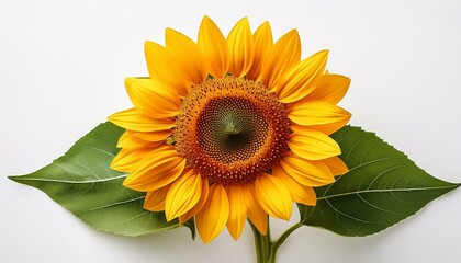 Obraz premium bright yellow sunflower blossom with green leaves isolated on a white background
