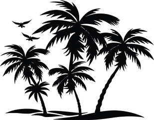 Silhouette of palm trees in breeze / Tropical breeze through palms