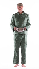 portrait of poor old man with plate on white background