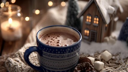 A blue mug with a pattern on it is filled with hot chocolate. A house is in the background with a Christmas tree