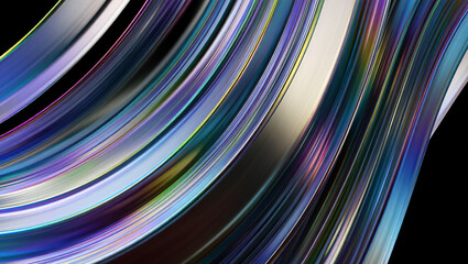 Abstract 3D background with mother-of-pearl metal plates in a complex geometric pattern in a three-dimensional composition with blue and purple colors with different shades and iridescent effects.