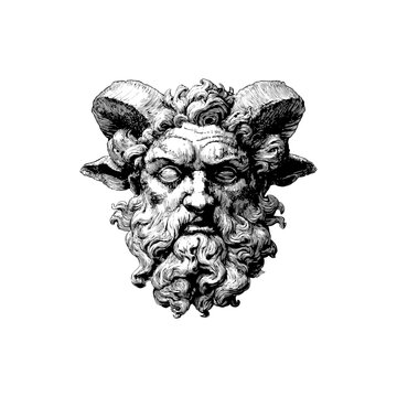 Engraving style illustration of ancient satyr sculpture head with curly beard and horns in black and white on transparent background &ndash; Mythology vector for history books, fantasy game design, and muse