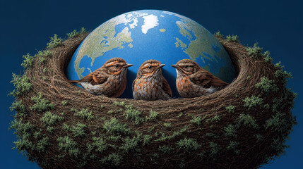 Unrealistic nature art, Three small birds sit nest surrounding globe symbolizing nature and unrealistic art blending earth and wildlife harmony
