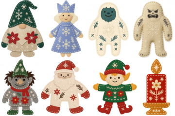 Set of Scandinavian felt Christmas characters, christmas decor – gnome, snow maiden, yeti, troll, Santa Claus, elf & festive candle – handmade wool-felt applique icons 