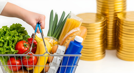 Rising Grocery Costs Concept – Full Shopping Cart Against Stacks of Gold Coins or use in financial articles, blogs, or presentations about inflation, food prices, or cost of living