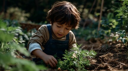 Young Boy Gardening in Sunlight Tending Plants.