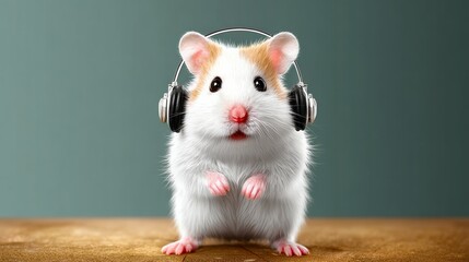 A hamster wearing headphones is standing on a wooden table. The hamster is wearing headphones and he is listening to music