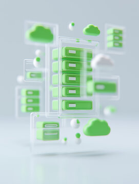 3D green cloud icons and server blocks floating in transparent space. Eco-friendly cloud computing and data storage visualization