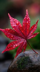 A vibrant red maple leaf, glistening with raindrops, rests atop a moss-covered stone, capturing nature's serene beauty and seasonal change.